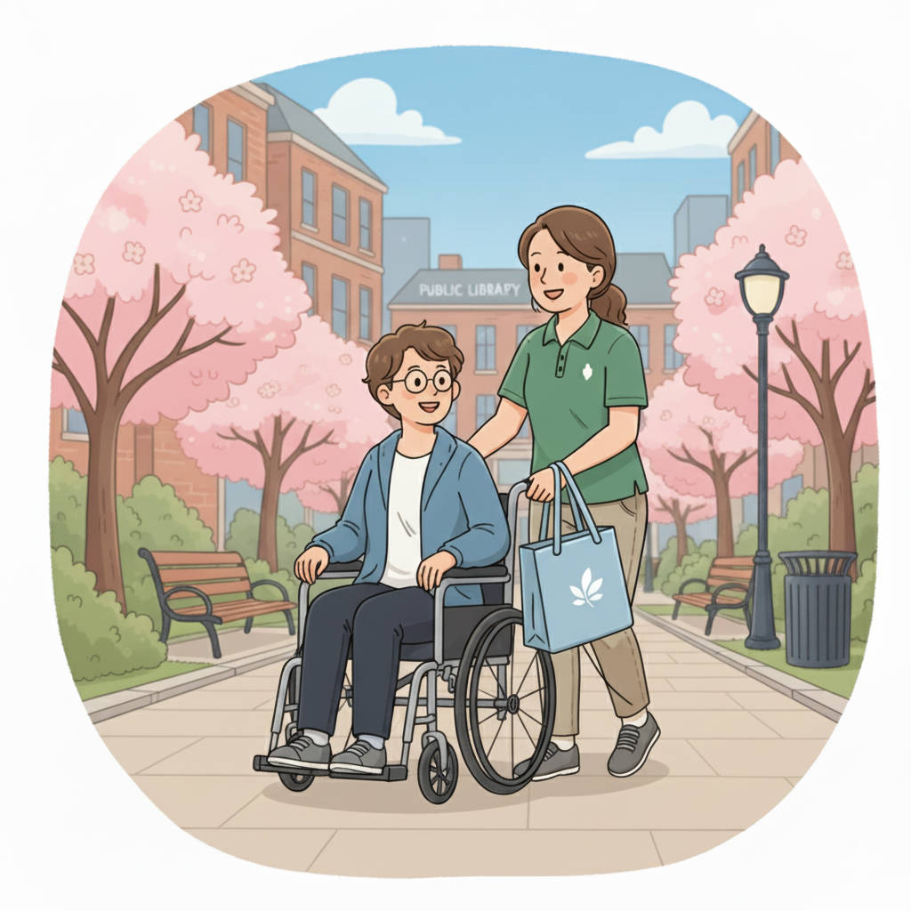 移動支援でヘルパーさんと買い物に行った車椅子に乗ったメガネをかけた男性の絵