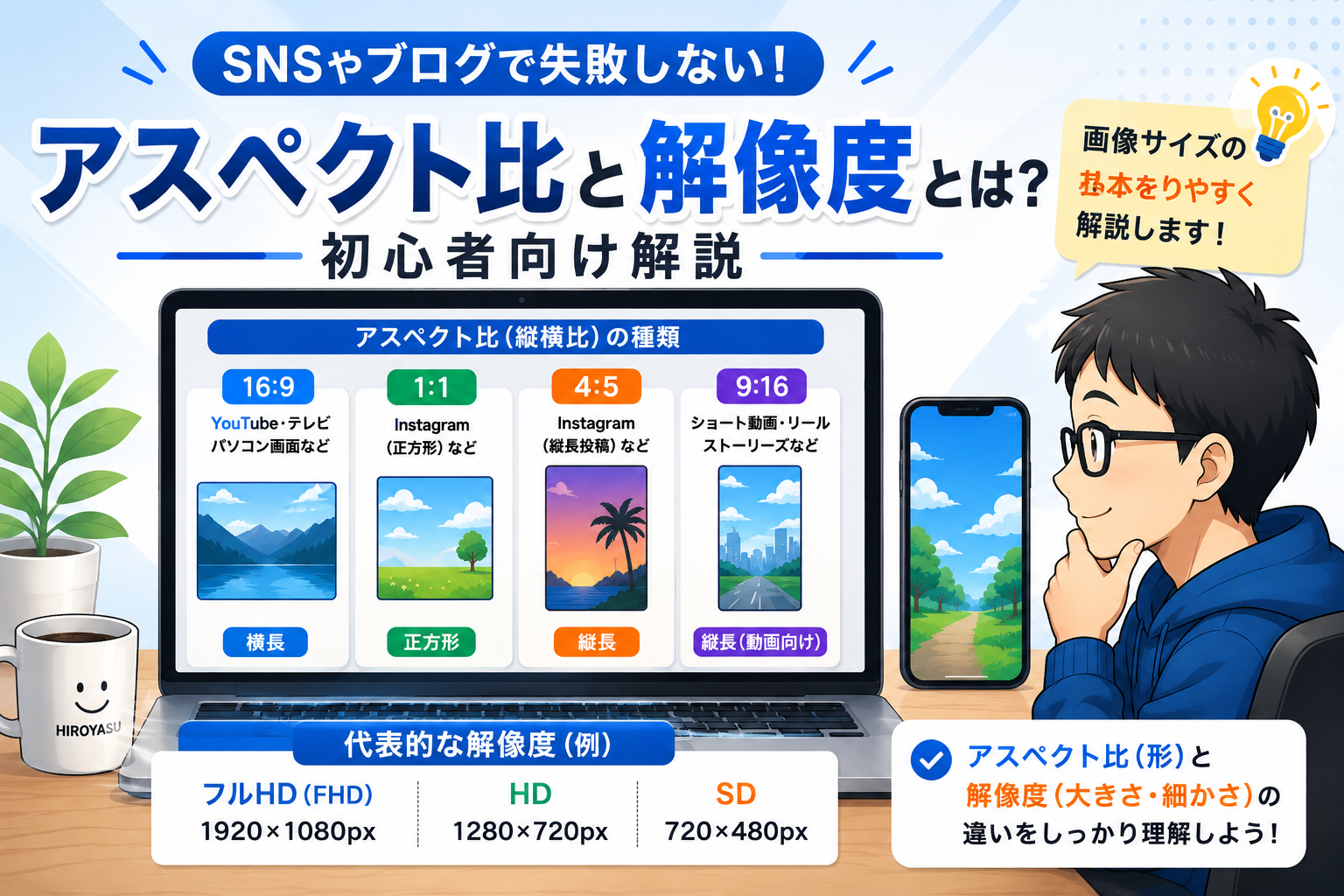 アスペクト比について説明している。画像