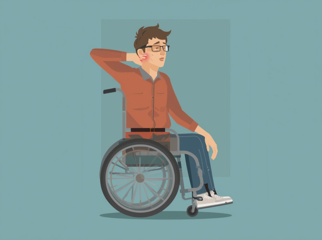 車椅子に乗ったメガネをかけた男性が、首を痛がるイラスト